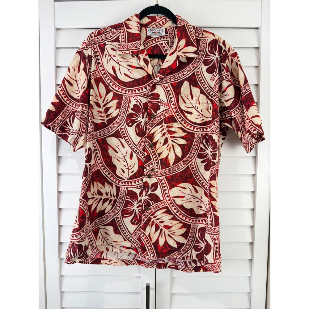 Pacific Legend Mens Red Tribal Floral Cotton Hawaiian Shirt Made in USA Large